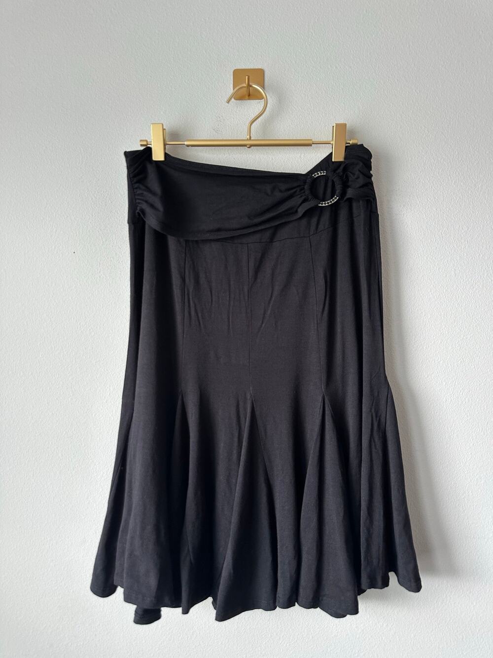 Vintage Y2K Bebe Black Ruched Ring Detail Flared Midi Skirt Size M